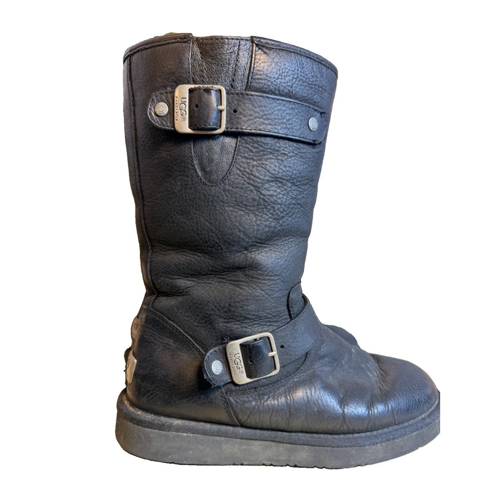 UGG Kensington Black Leather Black Sheepskin Lined Buckle Women's Boots US 8